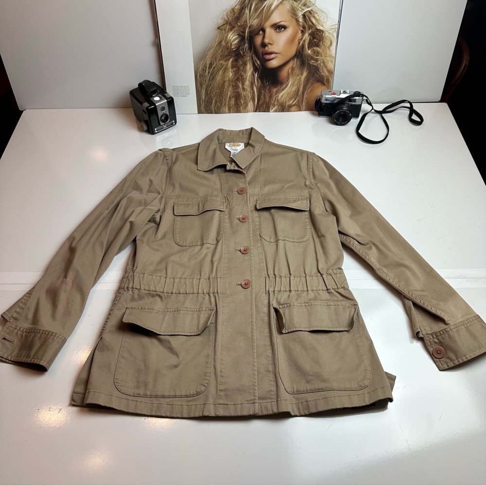 Talbots Safari Utility Jacket Women M Khaki Belted Field Cargo Lightweight